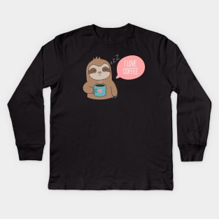 Cute Cartoon Coffee Sloth T-Shirt Kids Long Sleeve T-Shirt